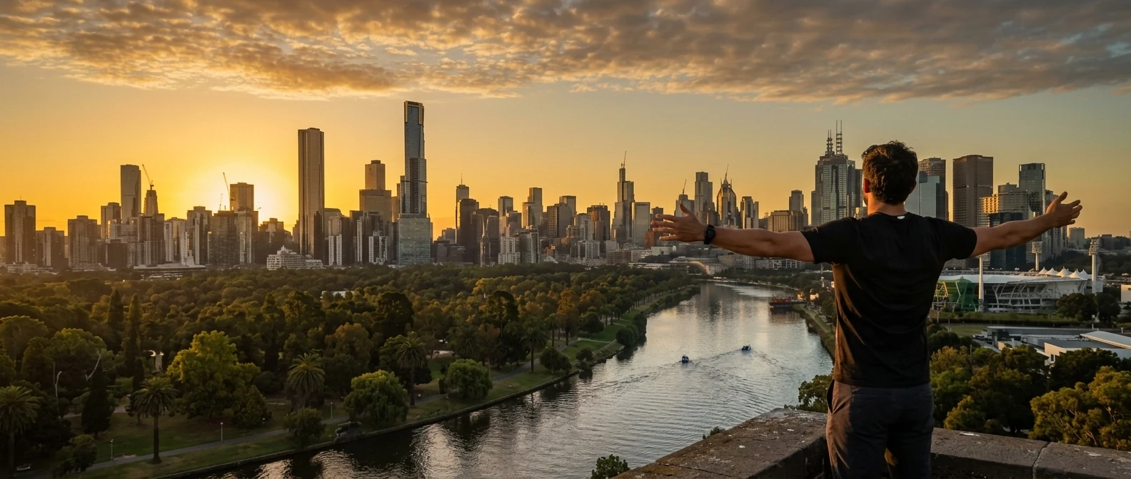Person overlooking the Melbourne skyline at sunset with arms outstretched
