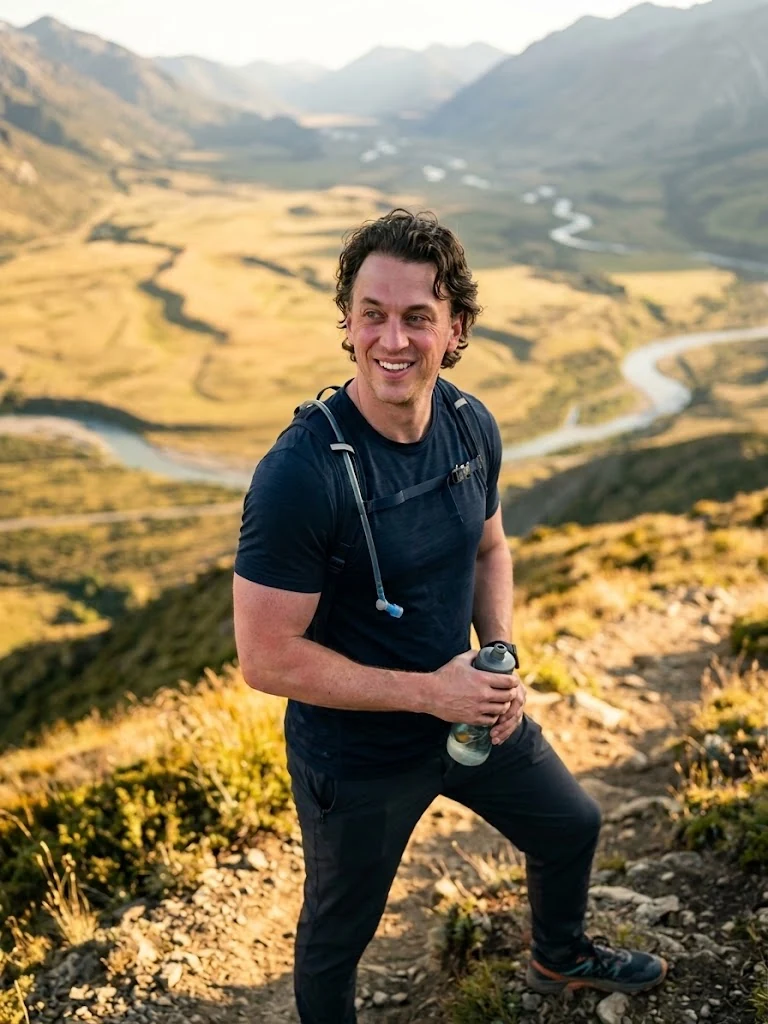 Hiker on a mountain trail overlooking a winding valley