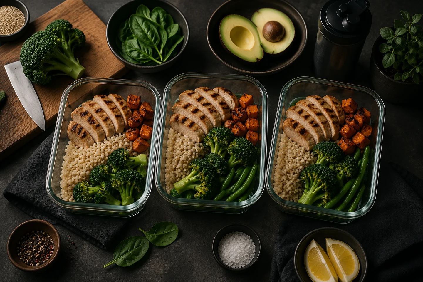 Overhead meal prep with chicken, rice and vegetables