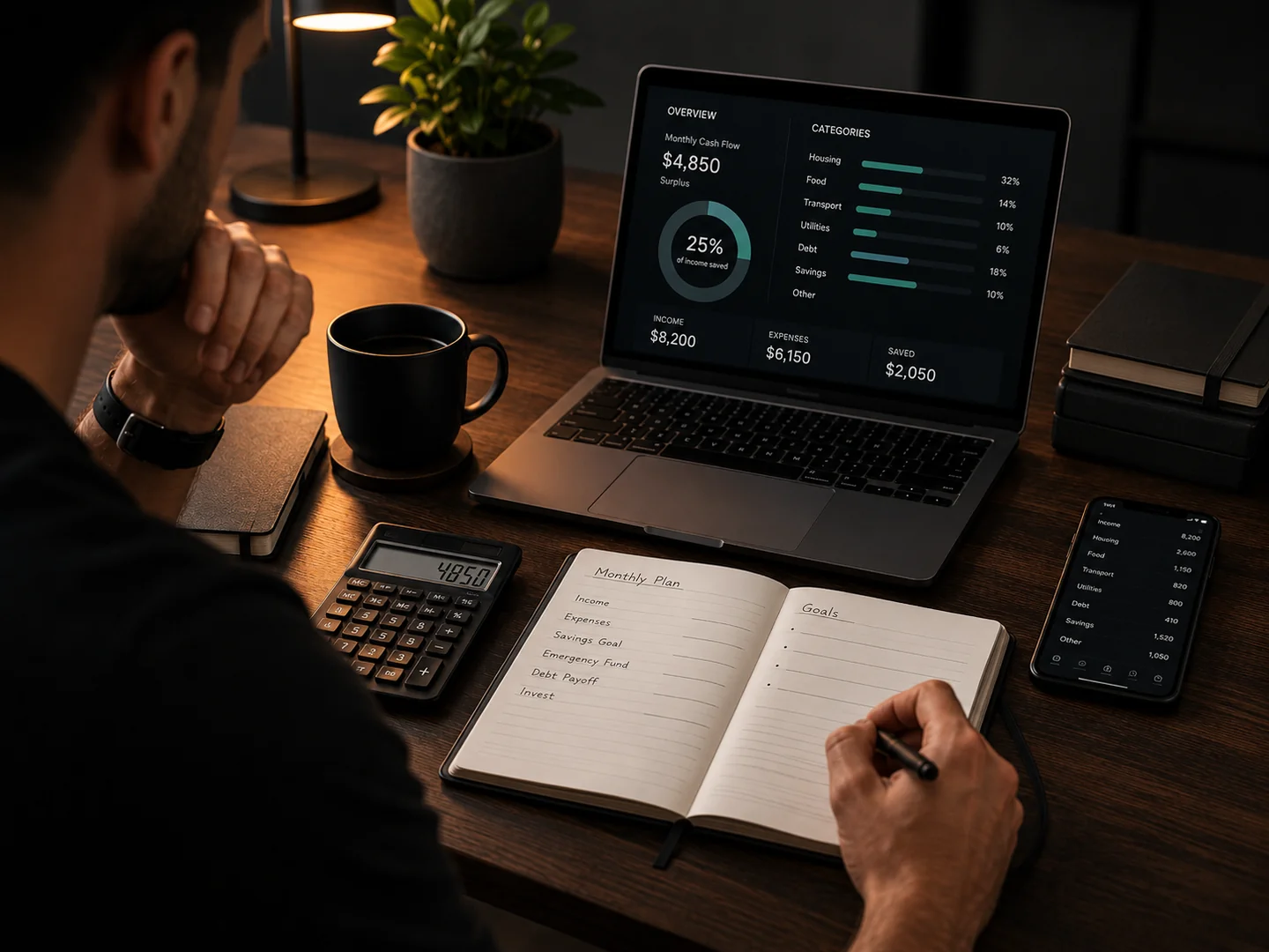 Finance workspace with budgeting dashboard, notebook and calculator