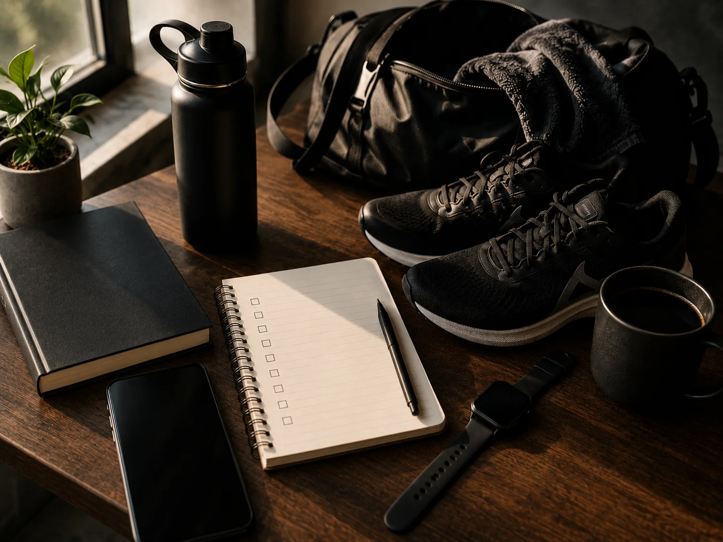 Daily routine setup with training gear, notebook and water bottle