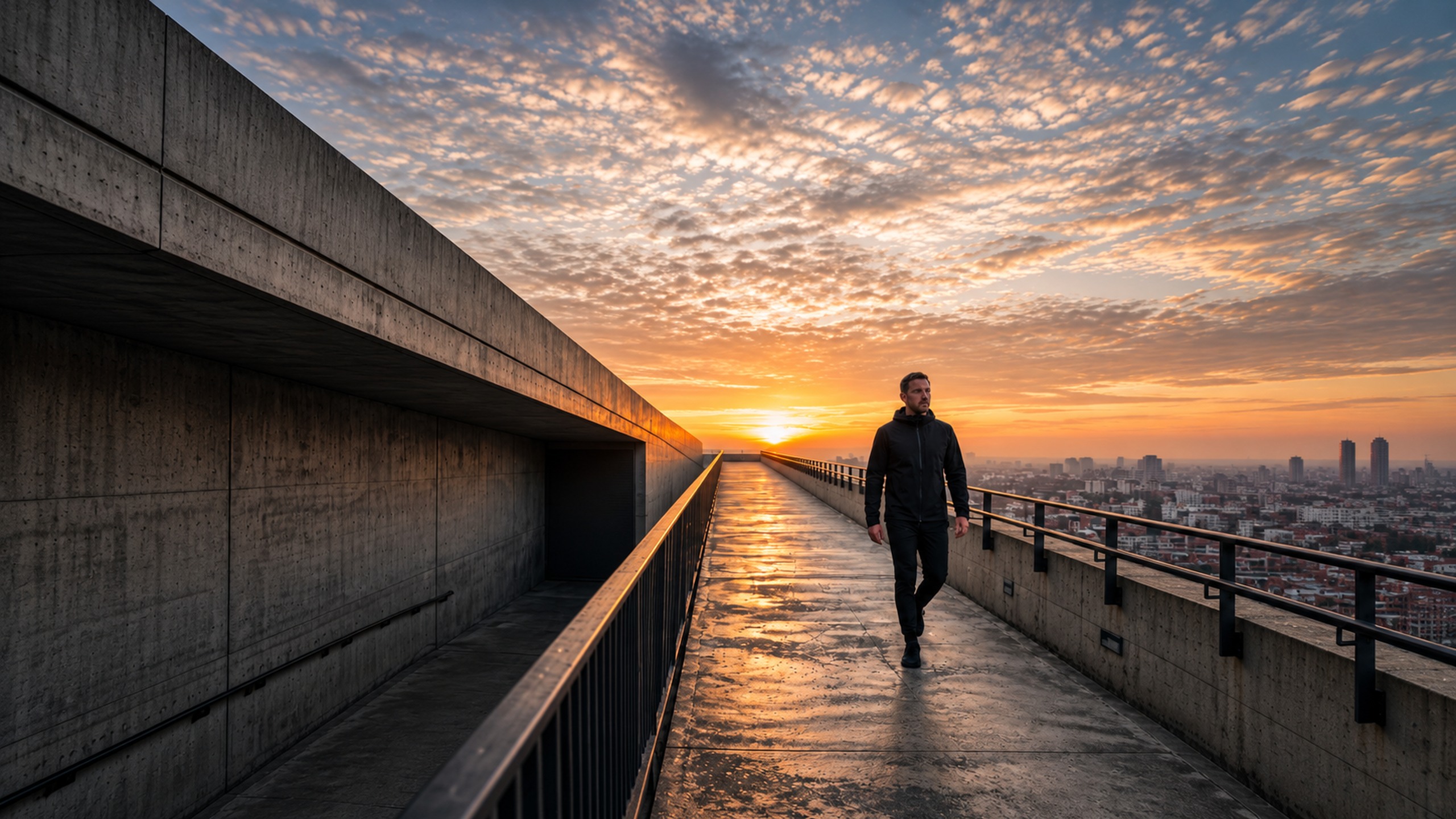 Person walking outdoors beside modern concrete architecture